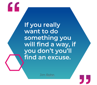 A quote by Jim Rohn which states 'If you really want to do something you will find a way. If you don't, you'll find an excuse'